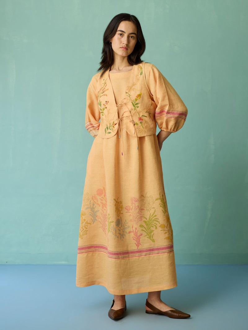 Ora Block-Printed Floral Linen Co-ord Set - Apricot linen co-ord set by Manan in apricot for women Worldwide