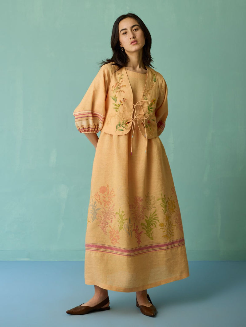 Ora Block-Printed Floral Linen Co-ord Set - Apricot linen co-ord set by Manan in apricot for women Worldwide