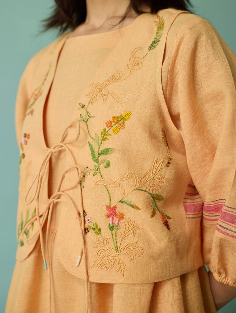 Ora Block-Printed Floral Linen Co-ord Set - Apricot linen co-ord set by Manan in apricot for women Worldwide
