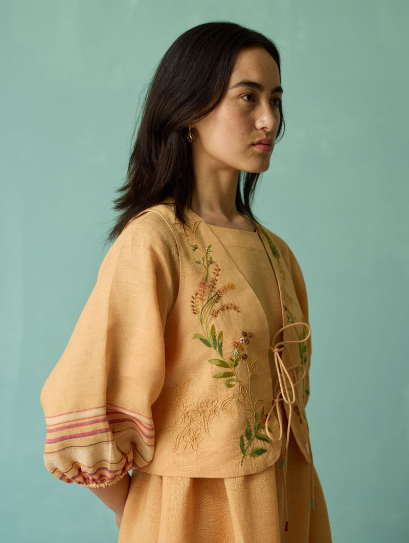 Ora Block-Printed Floral Linen Co-ord Set - Apricot linen co-ord set by Manan in apricot for women Worldwide