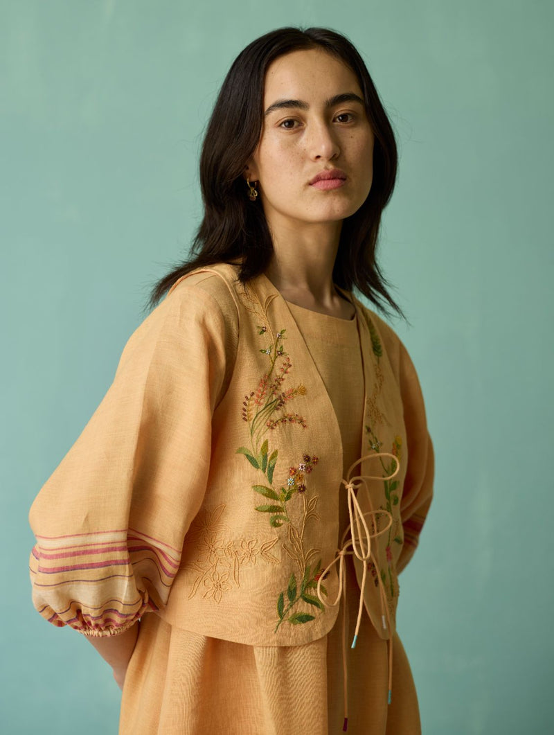 Ora Block-Printed Floral Linen Co-ord Set - Apricot linen co-ord set by Manan in apricot for women Worldwide