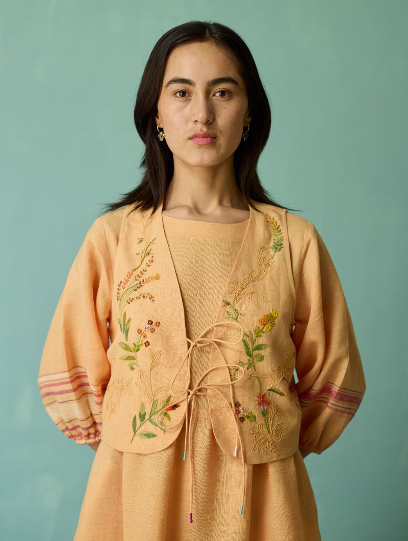 Ora Block-Printed Floral Linen Co-ord Set - Apricot linen co-ord set by Manan in apricot for women Worldwide