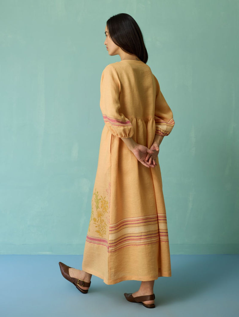 Ora Block-Printed Floral Linen Co-ord Set - Apricot linen co-ord set by Manan in apricot for women Worldwide