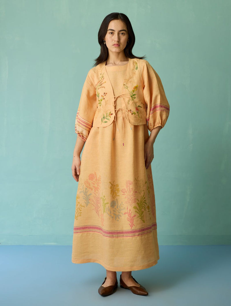 Ora Block-Printed Floral Linen Co-ord Set - Apricot linen co-ord set by Manan in apricot for women Worldwide