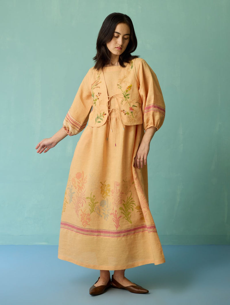 Ora Block-Printed Floral Linen Co-ord Set - Apricot linen co-ord set by Manan in apricot for women Worldwide