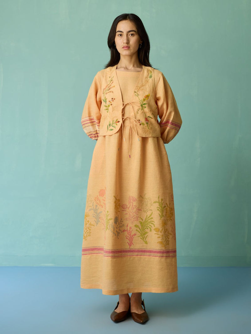 Ora Block-Printed Floral Linen Co-ord Set - Apricot linen co-ord set by Manan in apricot for women Worldwide
