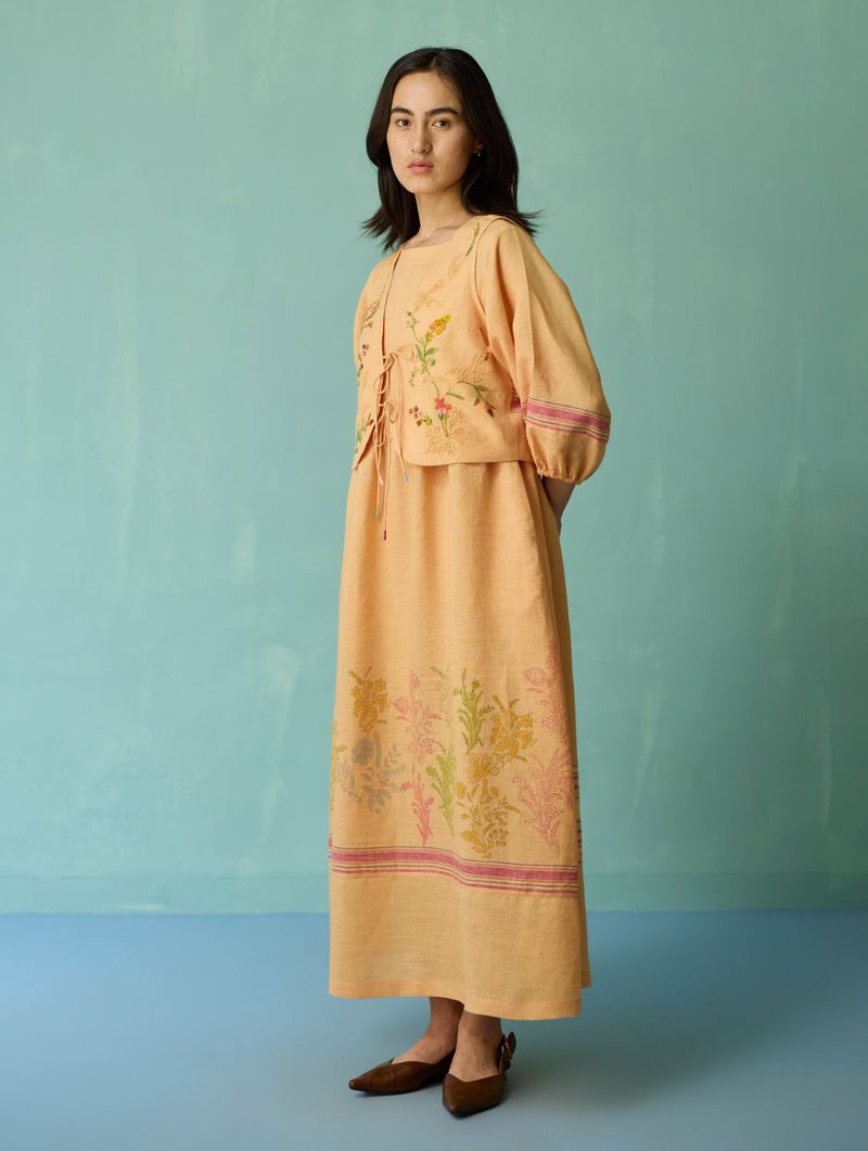 Ora Block-Printed Floral Linen Co-ord Set - Apricot linen co-ord set by Manan in apricot for women Worldwide