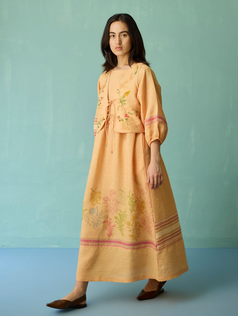 Ora Block-Printed Floral Linen Co-ord Set - Apricot linen co-ord set by Manan in apricot for women Worldwide