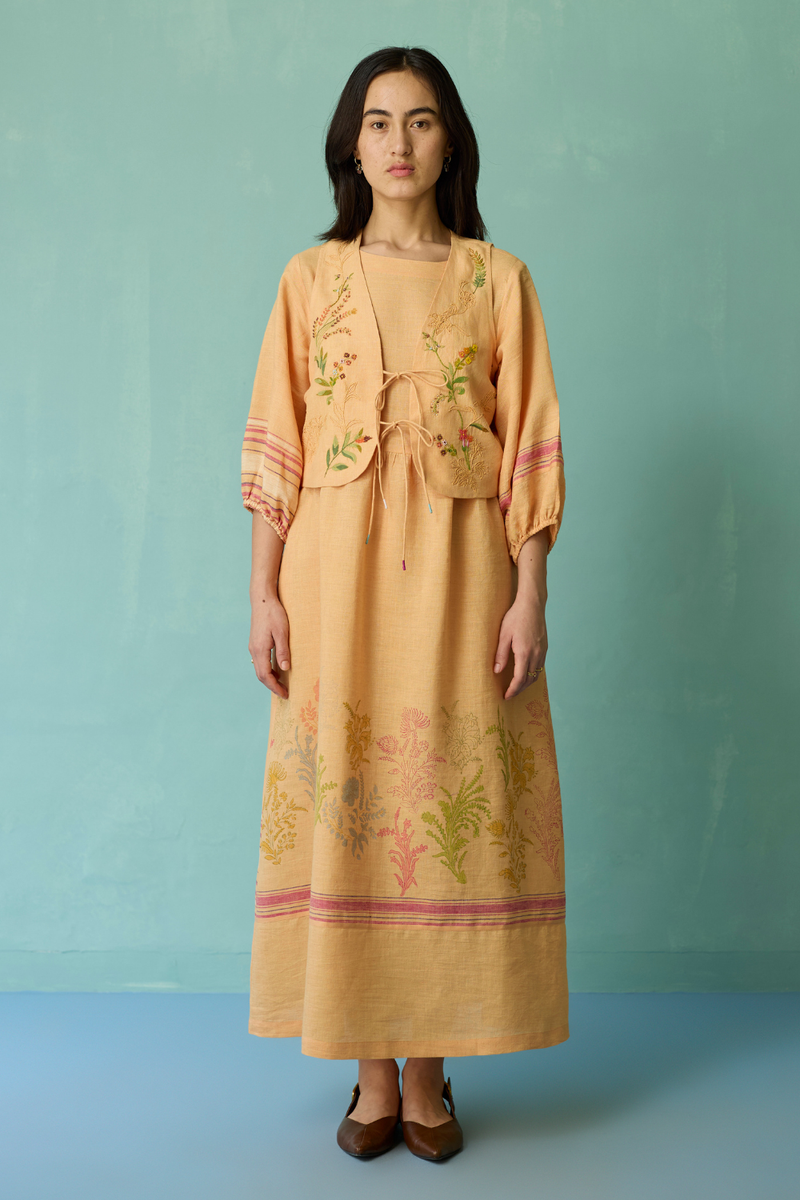 Ora Block-Printed Floral Linen Co-ord Set - Apricot linen co-ord set by Manan in apricot for women Worldwide