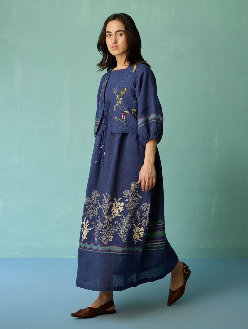 Ora Block-Printed Floral Linen Co-ord Set - Indigo linen co-ord set by Manan in navy for women Worldwide