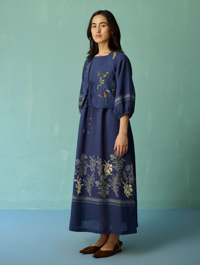 Ora Block-Printed Floral Linen Co-ord Set - Indigo linen co-ord set by Manan in navy for women Worldwide