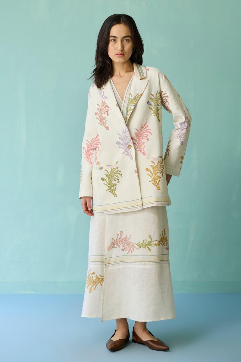Sira Border Linen Floral Co-ord Set - Ivory linen co-ord set by Manan in ivory for women Worldwide