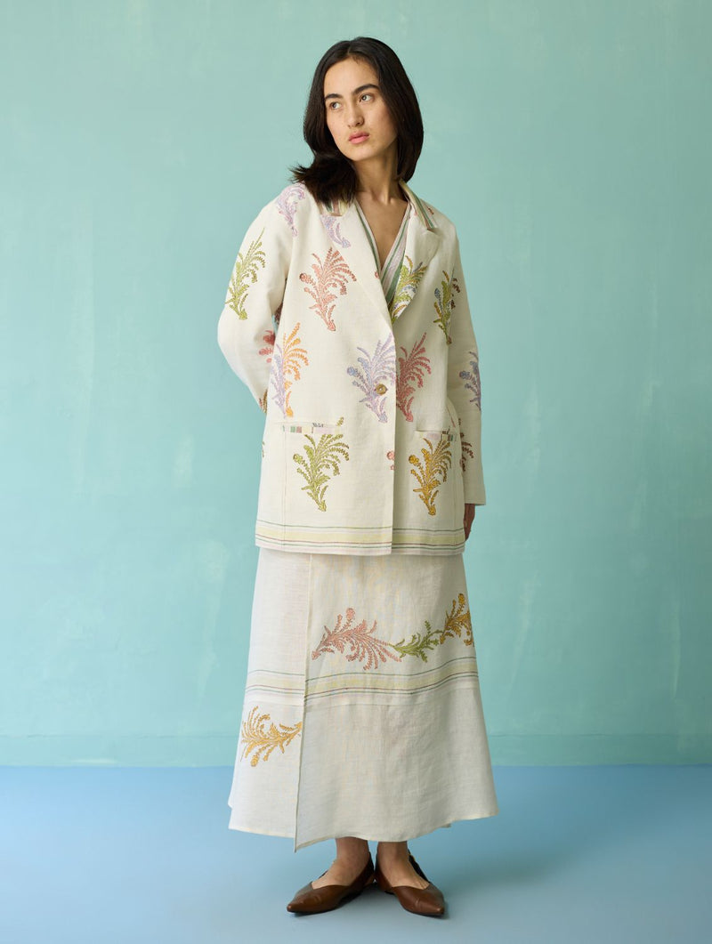 Sira Border Linen Floral Co-ord Set - Ivory linen co-ord set by Manan in ivory for women Worldwide