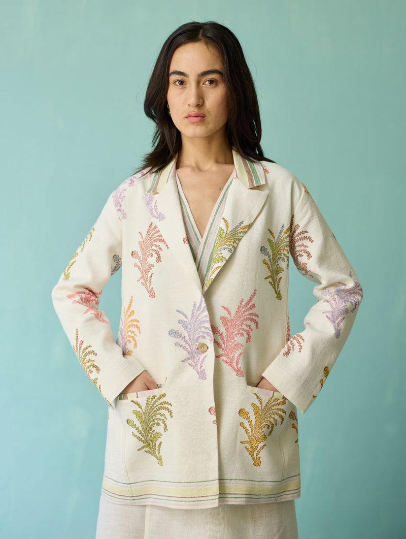 Sira Border Linen Floral Co-ord Set - Ivory linen co-ord set by Manan in ivory for women Worldwide