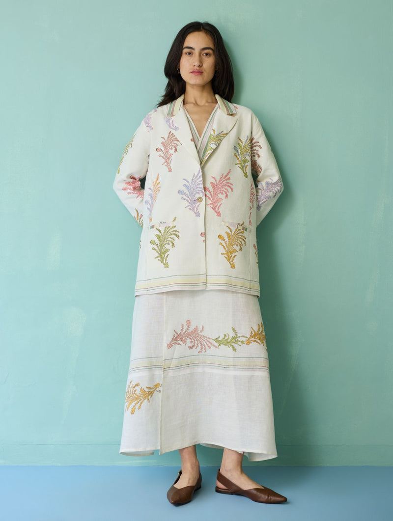 Sira Border Linen Floral Co-ord Set - Ivory linen co-ord set by Manan in ivory for women Worldwide