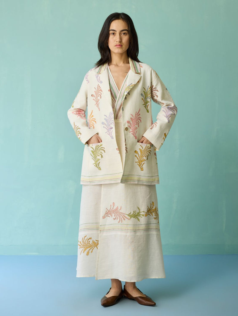 Sira Border Linen Floral Co-ord Set - Ivory linen co-ord set by Manan in ivory for women Worldwide
