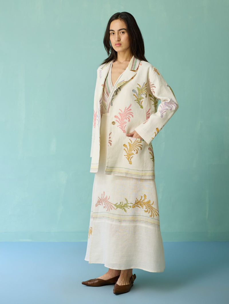 Sira Border Linen Floral Co-ord Set - Ivory linen co-ord set by Manan in ivory for women Worldwide