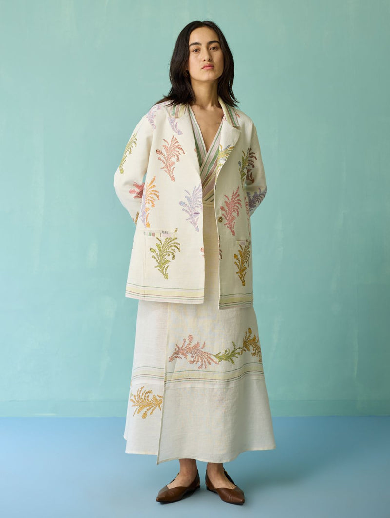 Sira Border Linen Floral Co-ord Set - Ivory linen co-ord set by Manan in ivory for women Worldwide