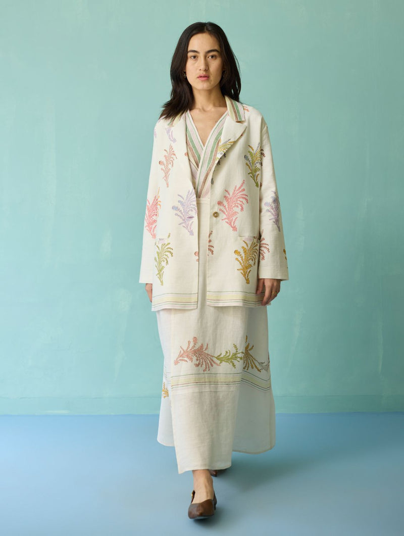 Sira Border Linen Floral Co-ord Set - Ivory linen co-ord set by Manan in ivory for women Worldwide