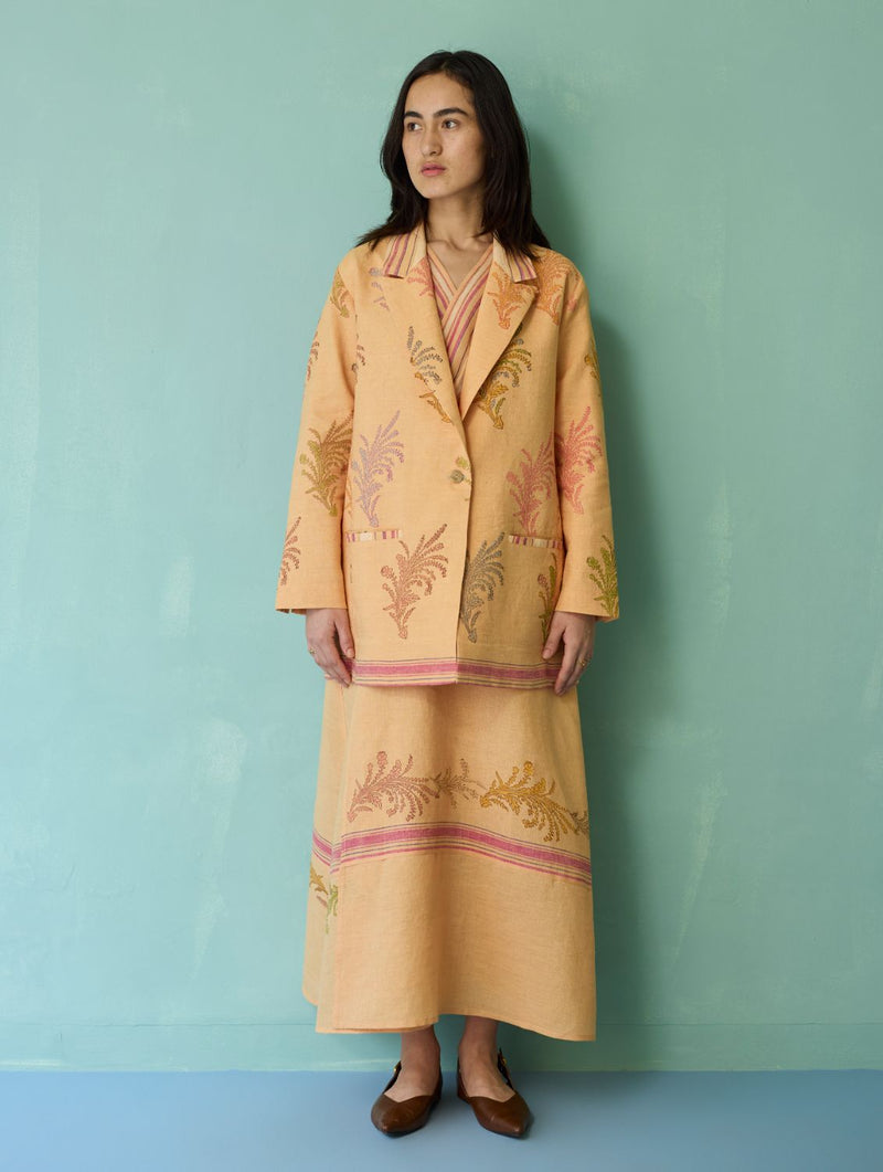 Sira Border Linen Floral Co-ord Set - Apricot linen co-ord set by Manan in apricot for women Worldwide