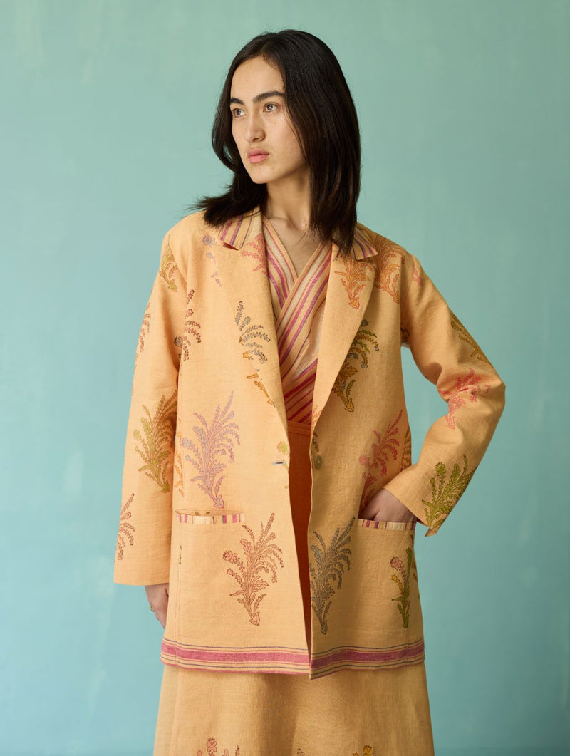 Sira Border Linen Floral Co-ord Set - Apricot linen co-ord set by Manan in apricot for women Worldwide