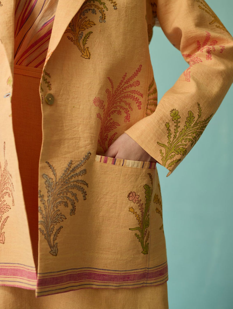 Sira Border Linen Floral Co-ord Set - Apricot linen co-ord set by Manan in apricot for women Worldwide