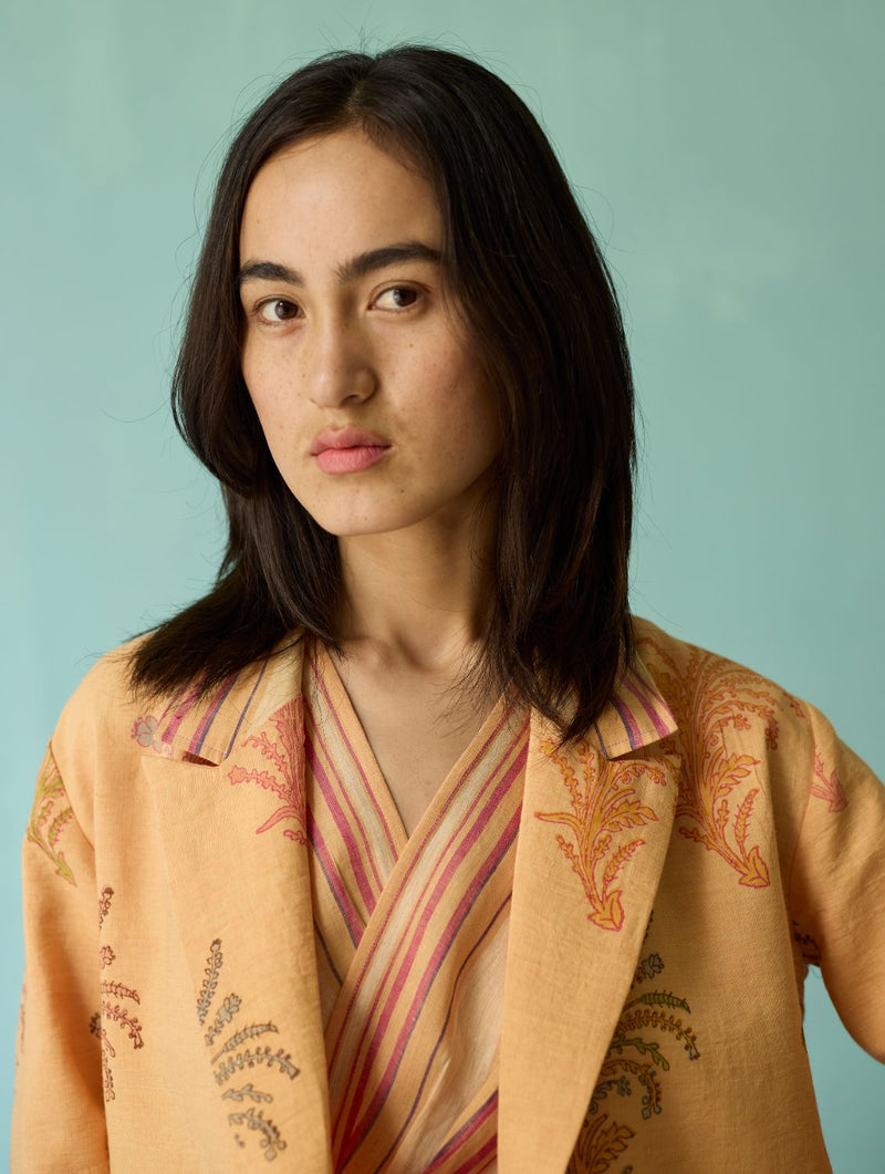 Sira Border Linen Floral Co-ord Set - Apricot linen co-ord set by Manan in apricot for women Worldwide