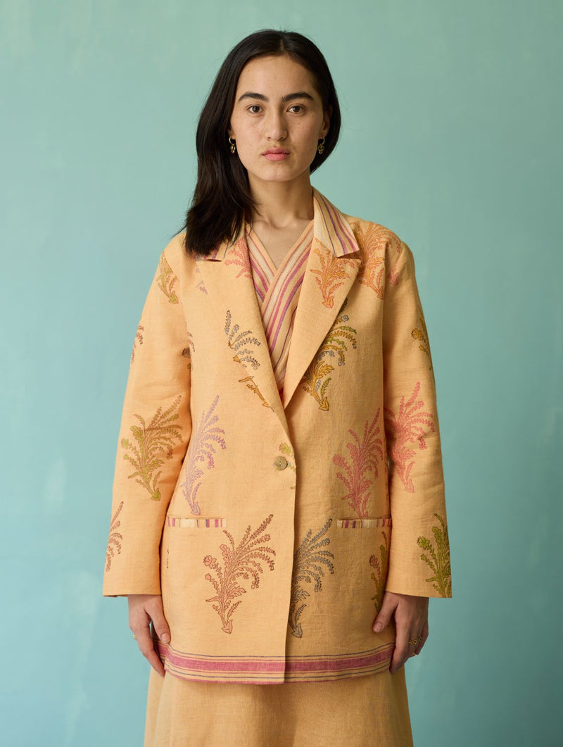 Sira Border Linen Floral Co-ord Set - Apricot linen co-ord set by Manan in apricot for women Worldwide
