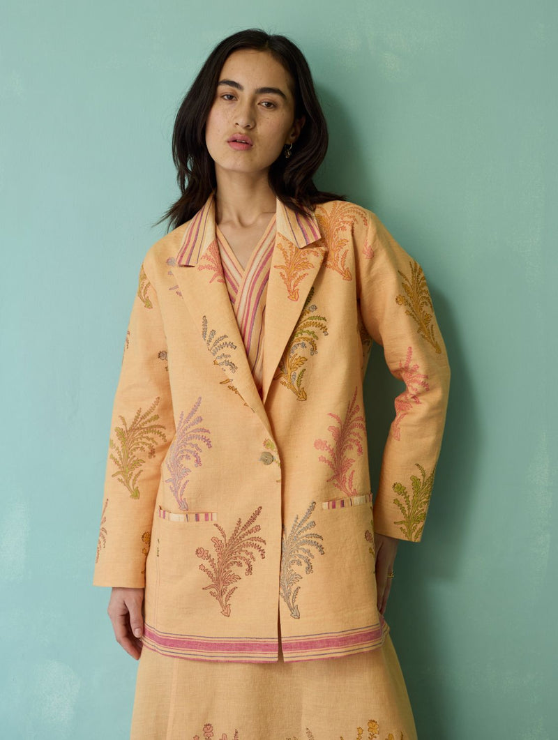 Sira Border Linen Floral Co-ord Set - Apricot linen co-ord set by Manan in apricot for women Worldwide