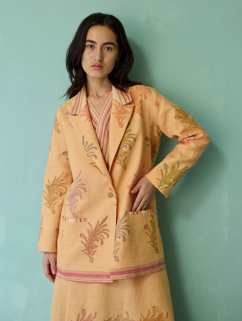 Sira Border Linen Floral Co-ord Set - Apricot linen co-ord set by Manan in apricot for women Worldwide