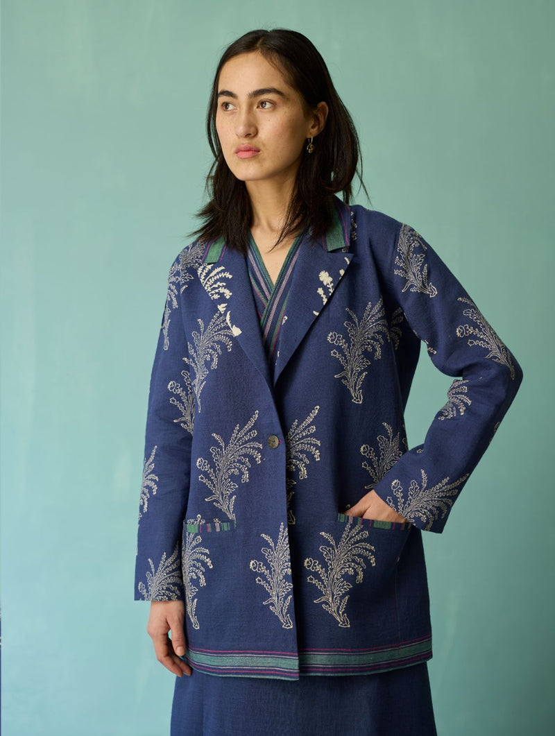 Sira Border Linen Floral Co-ord Set - Indigo linen co-ord set by Manan in navy for women Worldwide