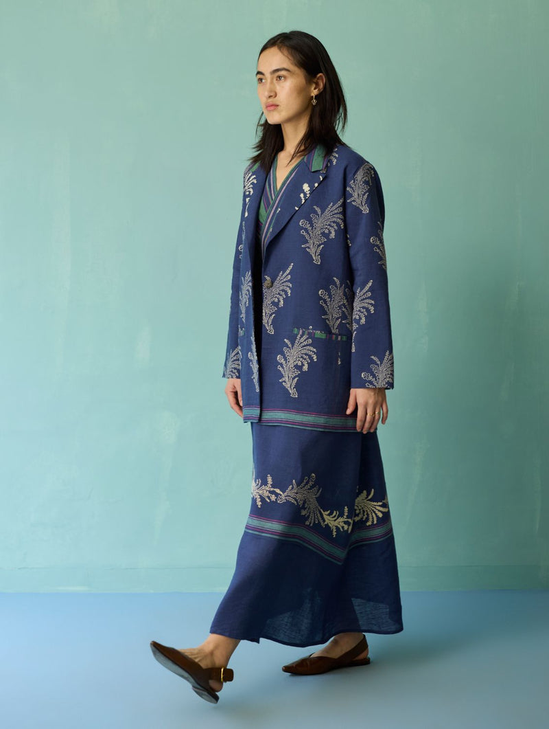 Sira Border Linen Floral Co-ord Set - Indigo linen co-ord set by Manan in navy for women Worldwide