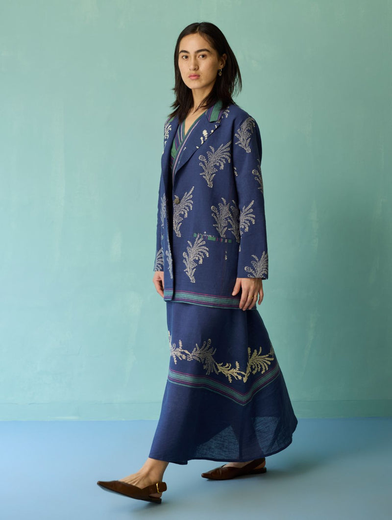 Sira Border Linen Floral Co-ord Set - Indigo linen co-ord set by Manan in navy for women Worldwide