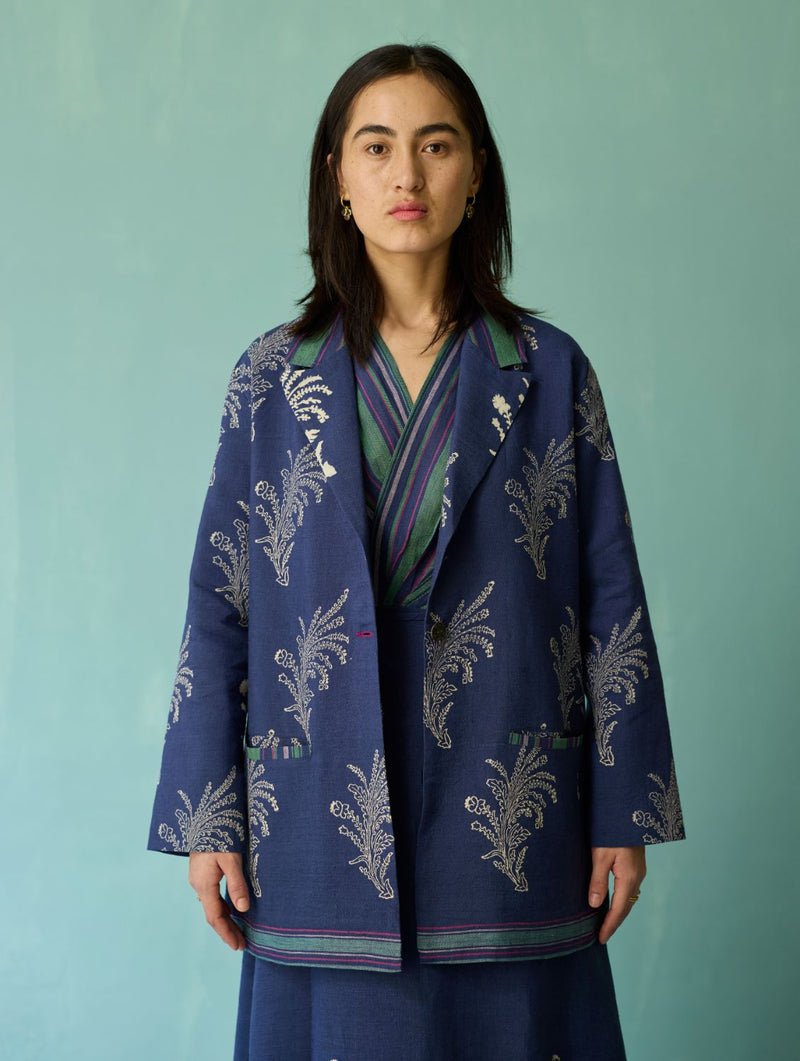 Sira Border Linen Floral Co-ord Set - Indigo linen co-ord set by Manan in navy for women Worldwide