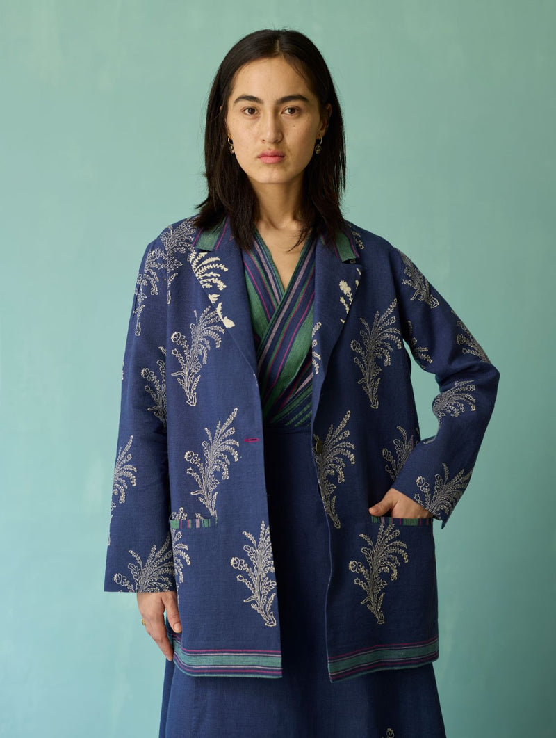 Sira Border Linen Floral Co-ord Set - Indigo linen co-ord set by Manan in navy for women Worldwide