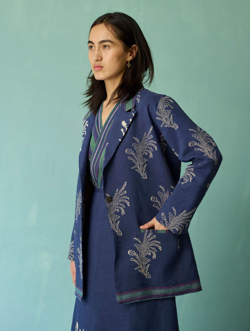 Sira Border Linen Floral Co-ord Set - Indigo linen co-ord set by Manan in navy for women Worldwide