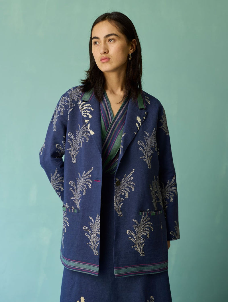 Sira Border Linen Floral Co-ord Set - Indigo linen co-ord set by Manan in navy for women Worldwide