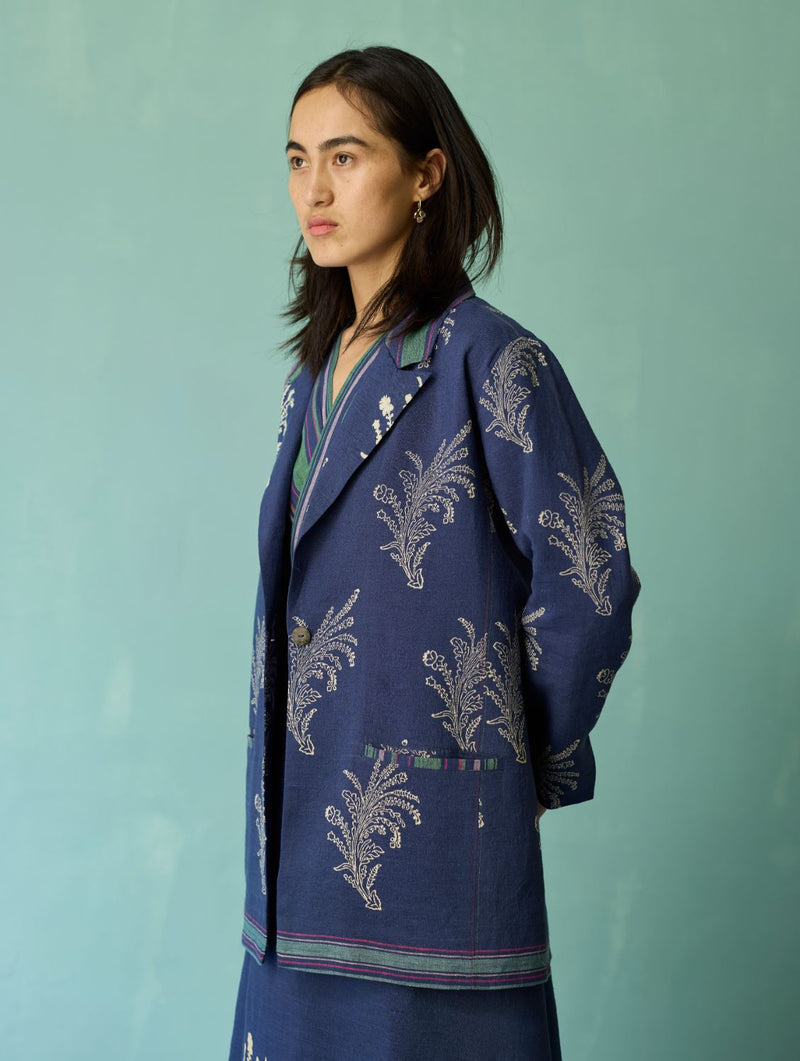 Sira Border Linen Floral Co-ord Set - Indigo linen co-ord set by Manan in navy for women Worldwide