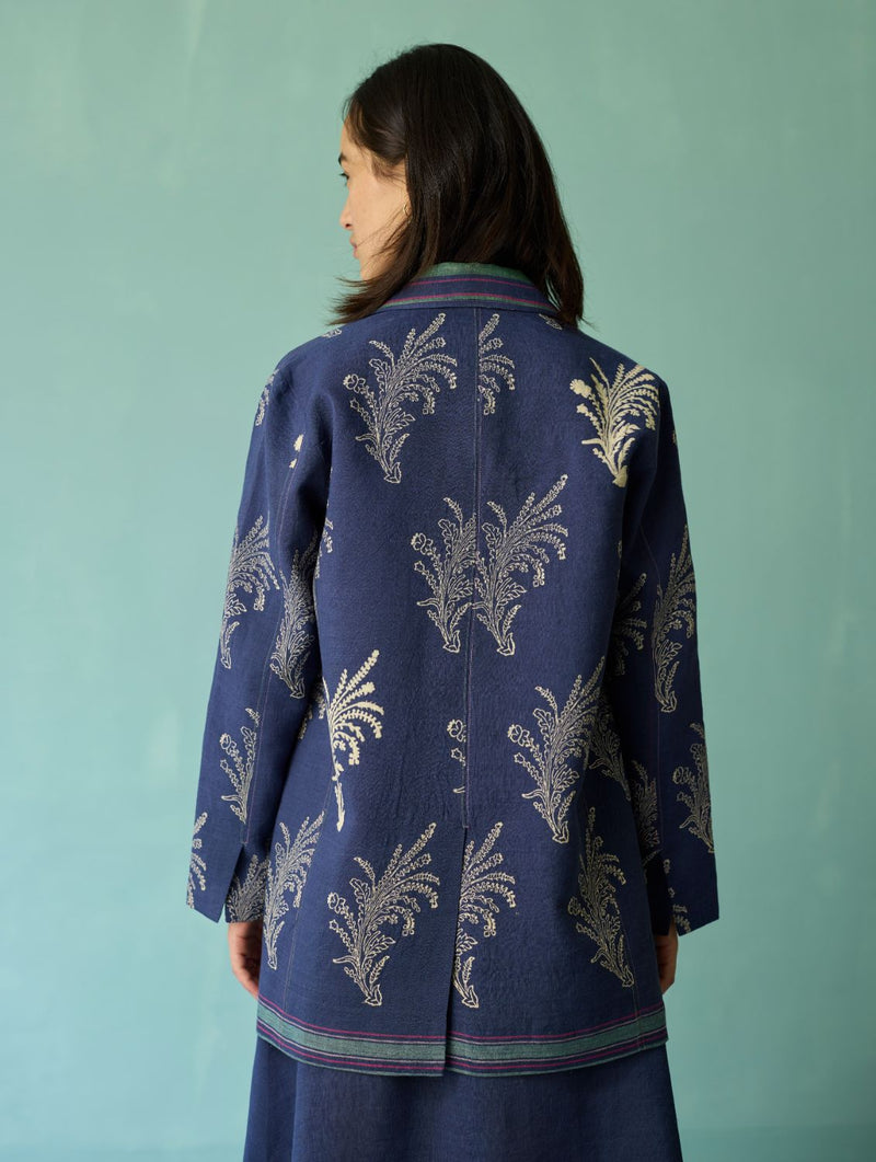 Sira Border Linen Floral Co-ord Set - Indigo linen co-ord set by Manan in navy for women Worldwide