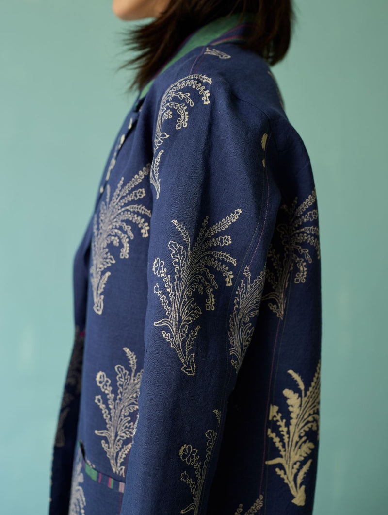 Sira Border Linen Floral Co-ord Set - Indigo linen co-ord set by Manan in navy for women Worldwide