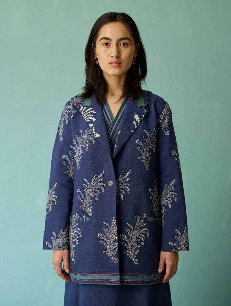 Sira Border Linen Floral Co-ord Set - Indigo linen co-ord set by Manan in navy for women Worldwide