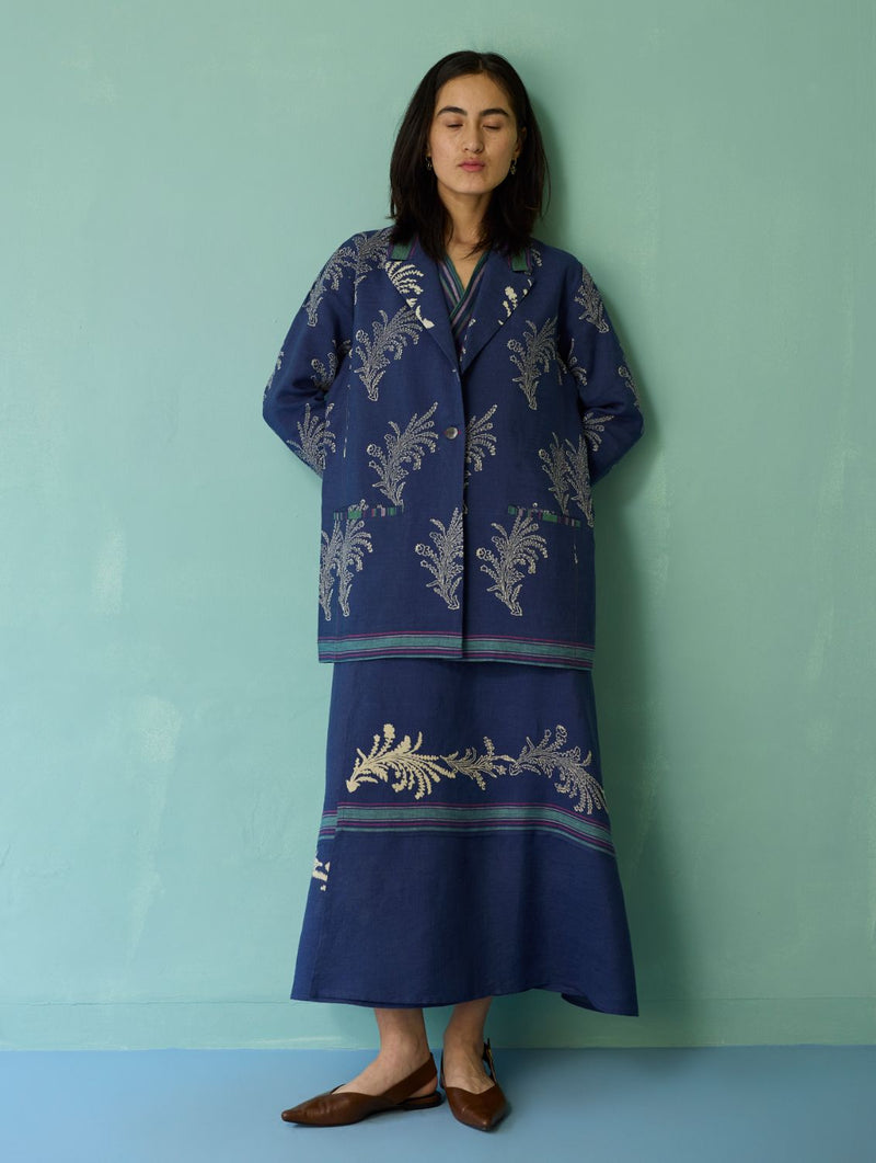Sira Border Linen Floral Co-ord Set - Indigo linen co-ord set by Manan in navy for women Worldwide