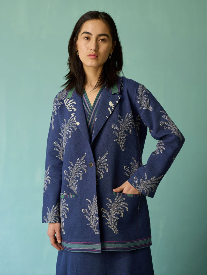 Sira Border Linen Floral Co-ord Set - Indigo linen co-ord set by Manan in navy for women Worldwide