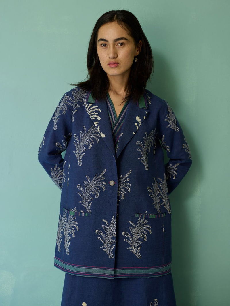 Sira Border Linen Floral Co-ord Set - Indigo linen co-ord set by Manan in navy for women Worldwide