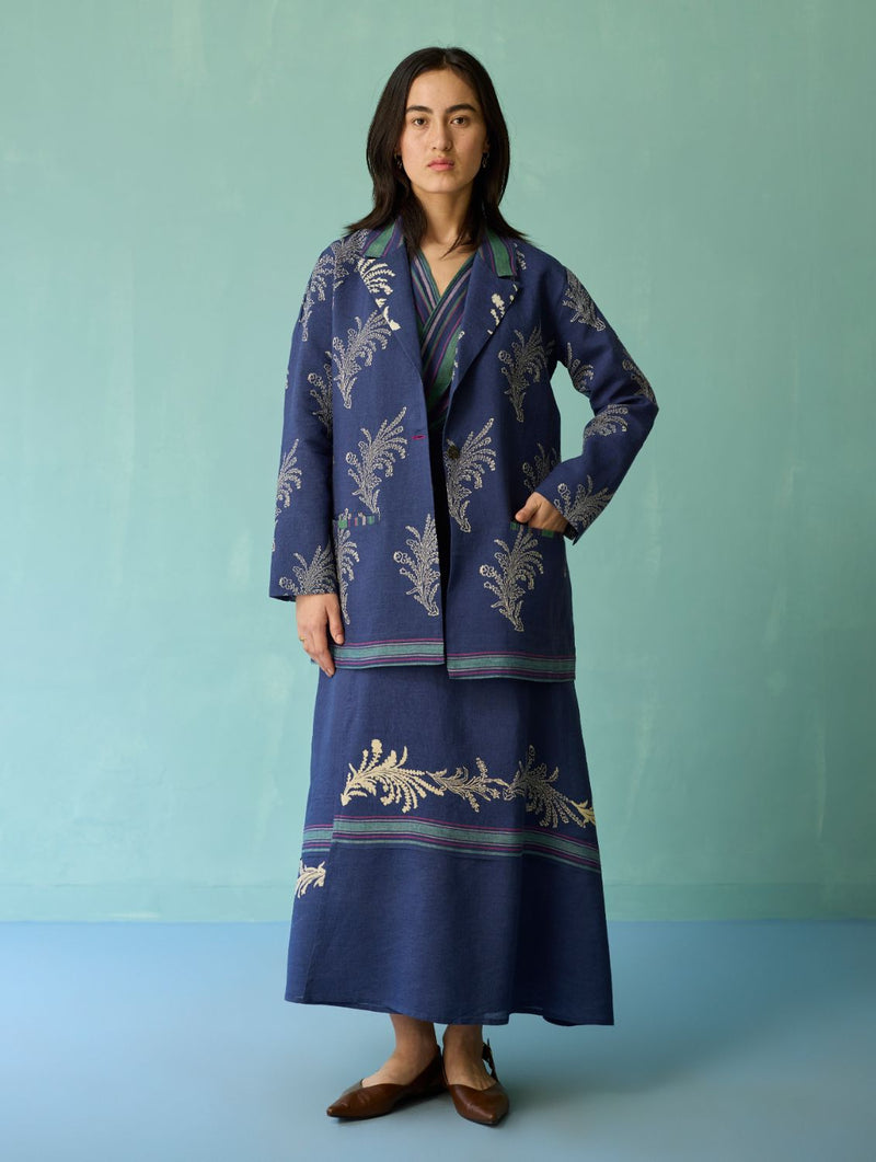 Sira Border Linen Floral Co-ord Set - Indigo linen co-ord set by Manan in navy for women Worldwide