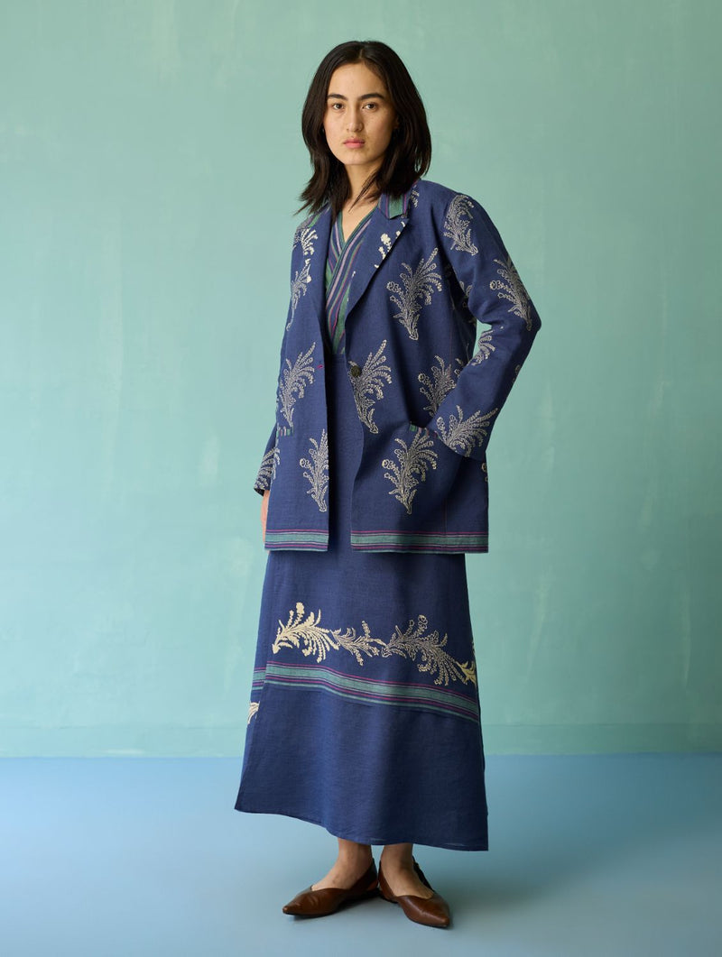 Sira Border Linen Floral Co-ord Set - Indigo linen co-ord set by Manan in navy for women Worldwide