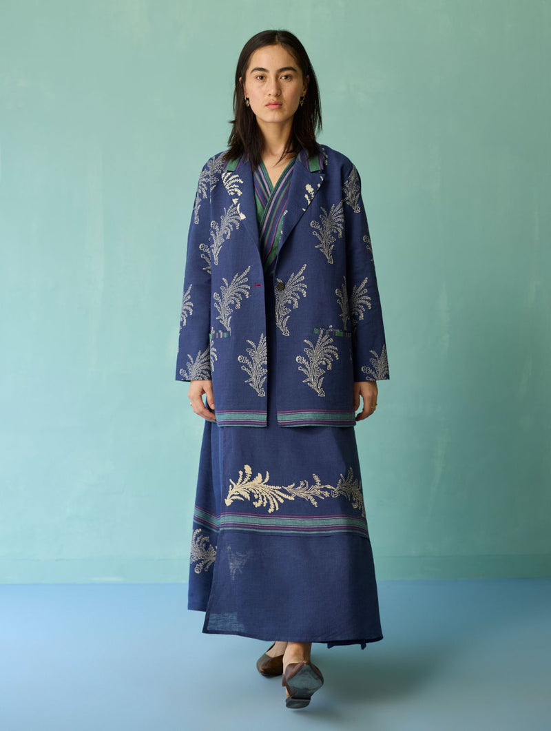 Sira Border Linen Floral Co-ord Set - Indigo linen co-ord set by Manan in navy for women Worldwide