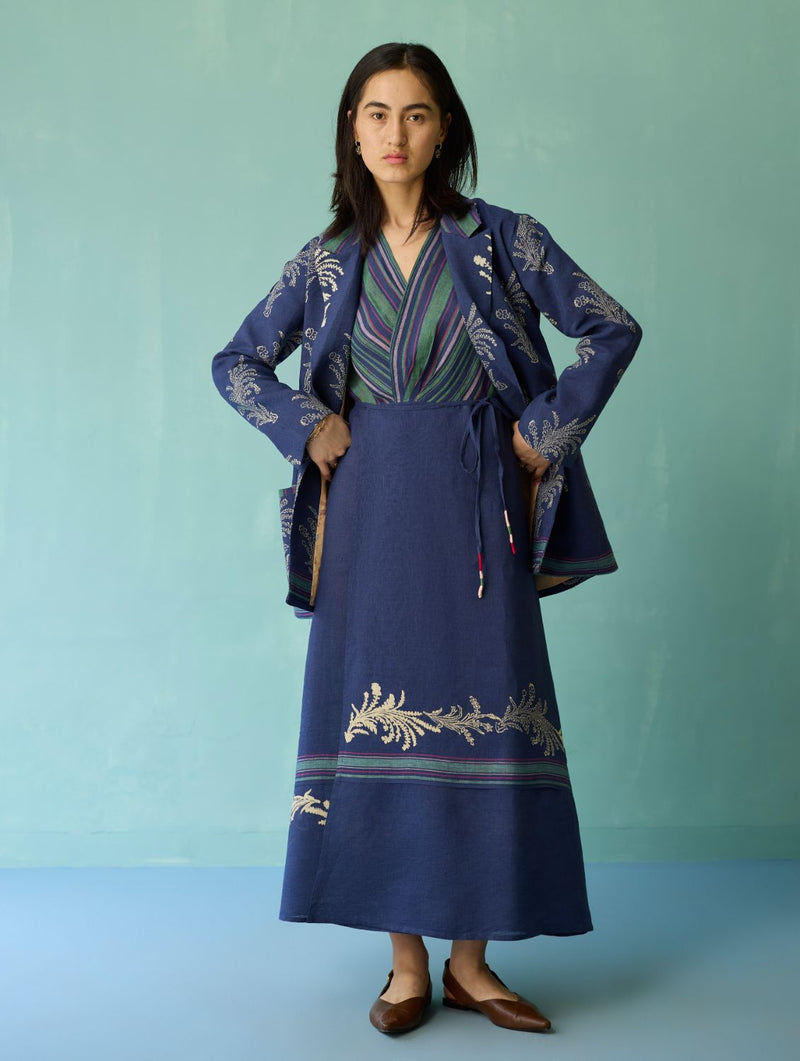 Sira Border Linen Floral Co-ord Set - Indigo linen co-ord set by Manan in navy for women Worldwide