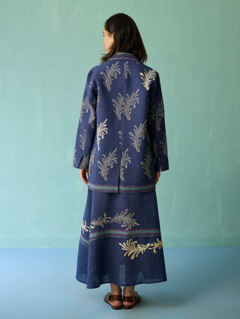 Sira Border Linen Floral Co-ord Set - Indigo linen co-ord set by Manan in navy for women Worldwide