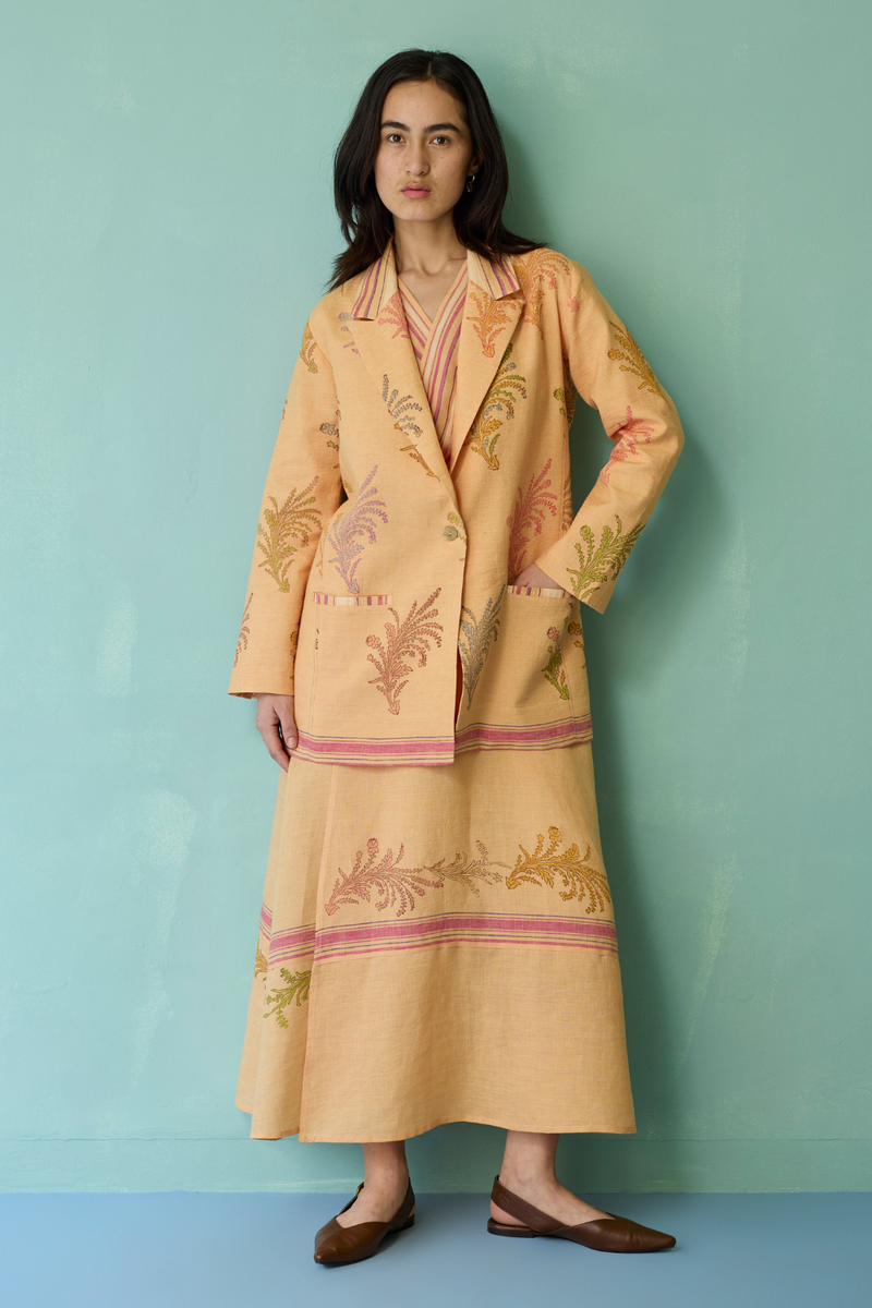 Sira Border Linen Floral Co-ord Set - Apricot linen co-ord set by Manan in apricot for women Worldwide